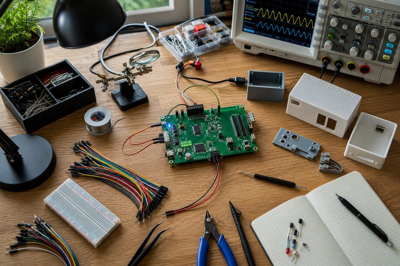 Banco de prototipado con PCB, osciloscopio y herramientas