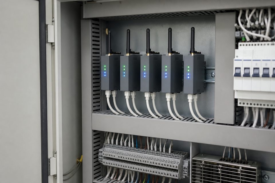Dispositivos IoT montados en gabinete de distribución eléctrica