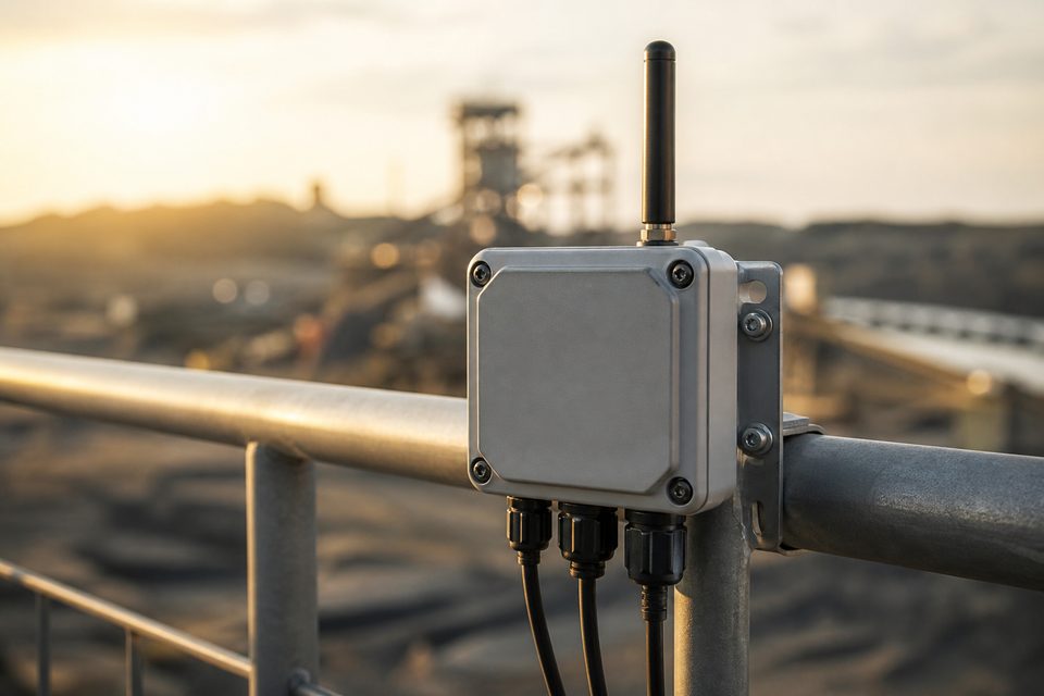 Nodo sensor robusto instalado en entorno industrial exterior