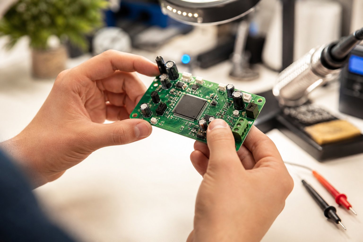PCB personalizada siendo inspeccionada en un banco de trabajo profesional